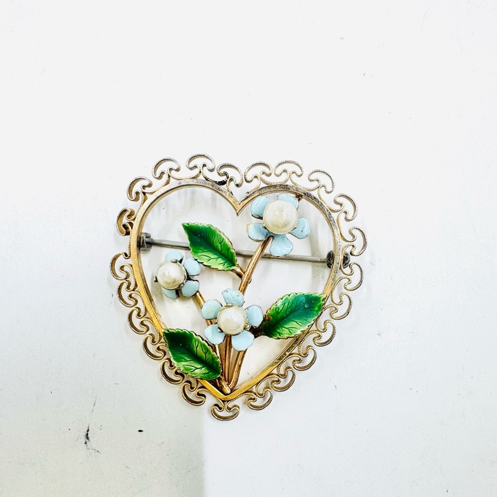 1980's Rare Vintage Krementz Filigree Brooch Gold Heart Brooch with Blue Flowers - Picture 2 of 4